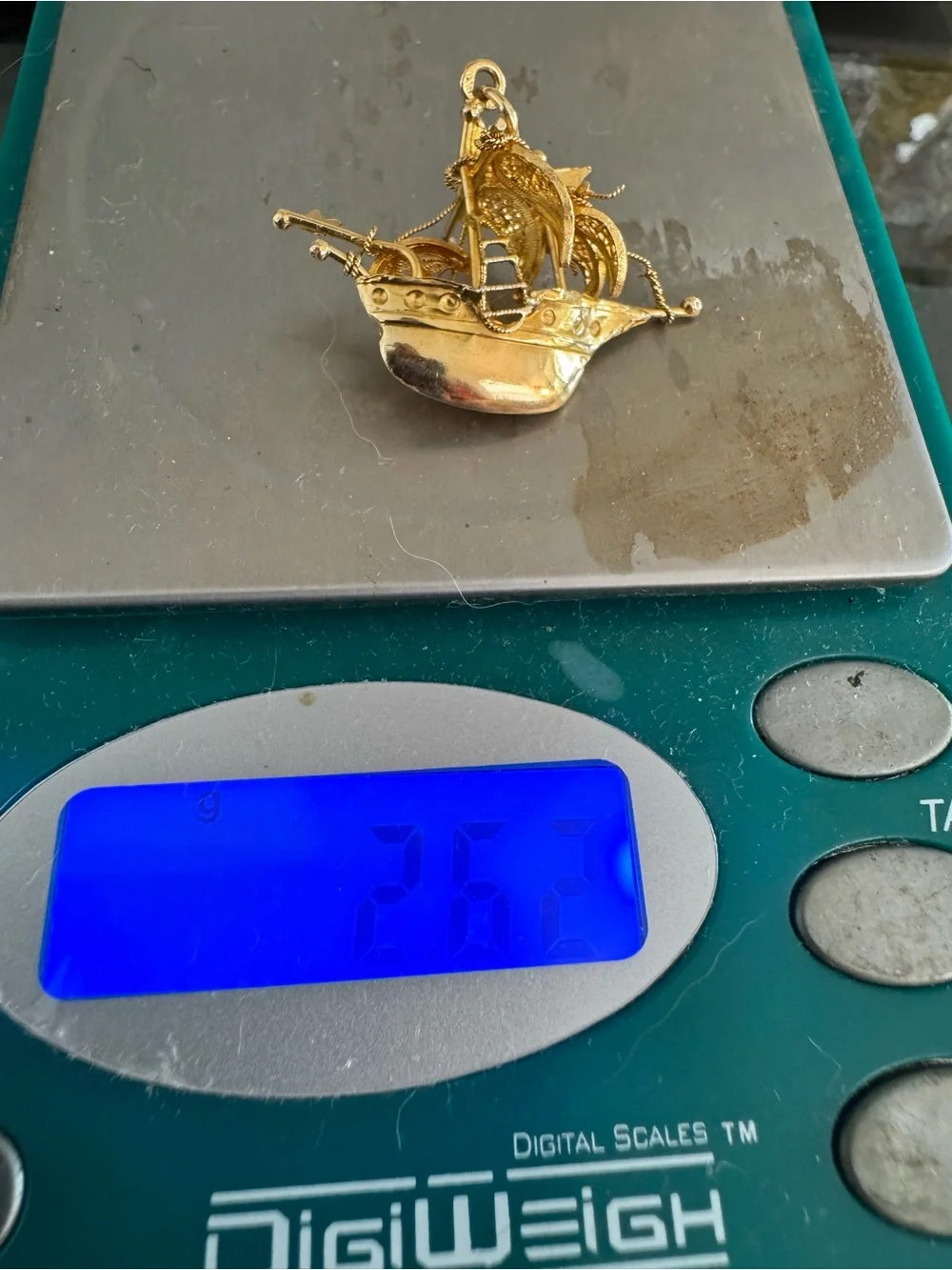 14k stamped acid tested Gold-Tone Ornate Filigree Boat Pendant Necklace Charm